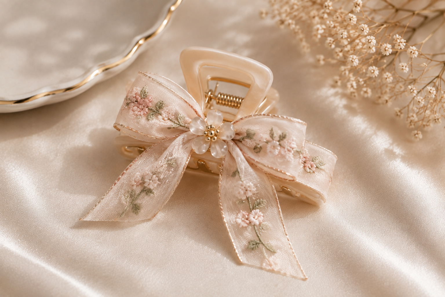 Floral Ribbon Bow Clip